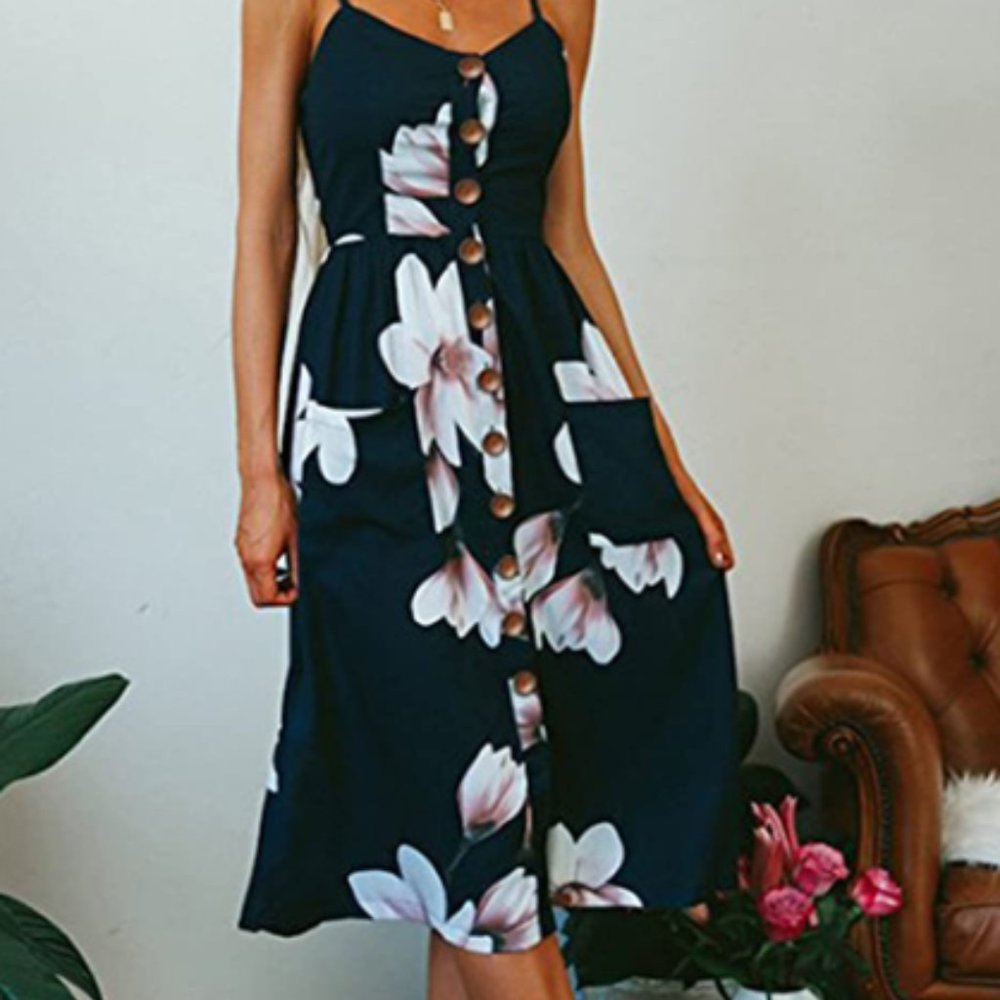 Summer spaghetti strap navy midi dress